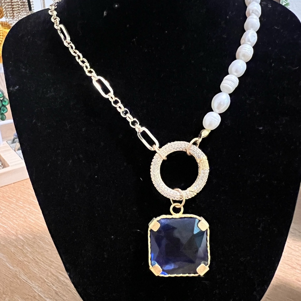 Gold Pearl and Blue Pendant Costume Jewelry Set